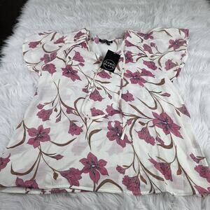 Como Black Medium Pink And White Floral Short Flutter Sleeve Blouse New With Tag